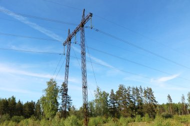 Mavi gökyüzüne ve yaz doğasına karşı yüksek voltajlı elektrik hatları. Güç Dağıtım İstasyonu.