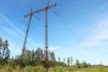 Mavi gökyüzüne ve yaz doğasına karşı yüksek voltajlı elektrik hatları. Güç Dağıtım İstasyonu.