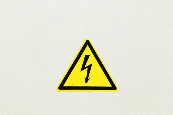 Varningsskylt Form Svart Pil Elektrisk Panel Bakgrunden Vit — Stockfoto