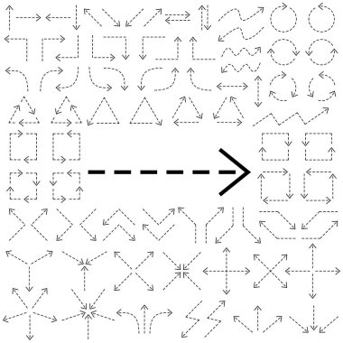 Büyük ok setleri. İnce oklar. Siyah oklar. Beyaz arka planda siyah izole edilmiş. Vektör illüstrasyonu.