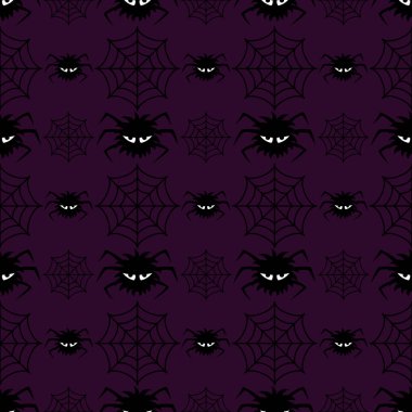 Cadılar Bayramı çizgi filminin kusursuz çizimi. Beyaz gözlü korkunç örümcekler ve uçsuz bucaksız örümcek ağları. Mor arka planda siyah ürkütücü siluetler. Cadılar Bayramı partisi davetiyesi şablonu, tebrik kartı, kağıt, tekstil.