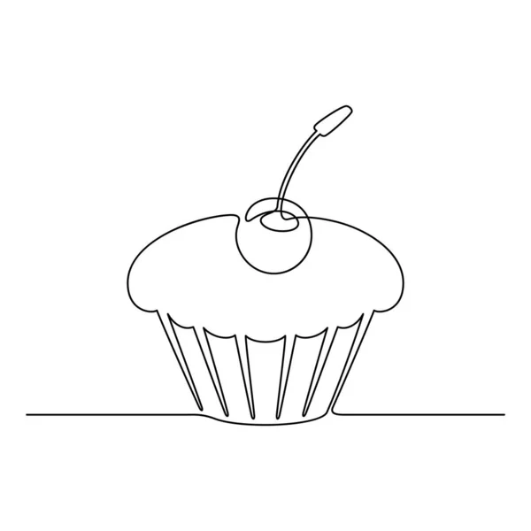 Continuous Line Drawing Cupcake Cherry Black Isolated White Background Hand — Stock Vector