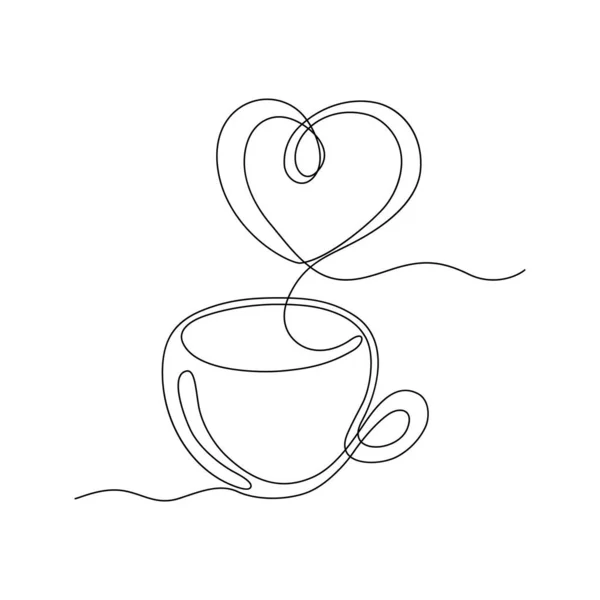 Continuous Line Drawing Cup Hot Drink Heart Shaped Steam Black — Stock Vector