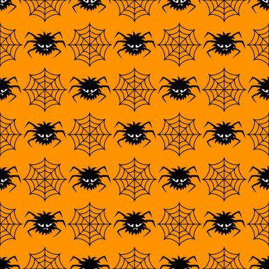 Cadılar Bayramı çizgi filminin kusursuz çizimi. Beyaz gözlü korkunç örümcekler ve uçsuz bucaksız örümcek ağları. Turuncu arka planda siyah tüyler ürpertici siluetler. Cadılar Bayramı partisi davetiyesi şablonu, tebrik kartı, kağıt, tekstil.