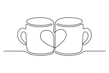 Continuous line drawing. Two cups with images of hearts. Black isolated on white background. Hand drawn vector illustration.  clipart