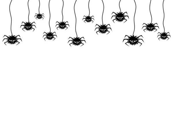 许多可怕的蜘蛛挂在蜘蛛网上 在白色背景下孤立的蜘蛛的黑色恐怖轮廓 平面矢量字符 卡通风格的背景可用于万圣节派对请柬 万圣节装饰 — 图库矢量图片