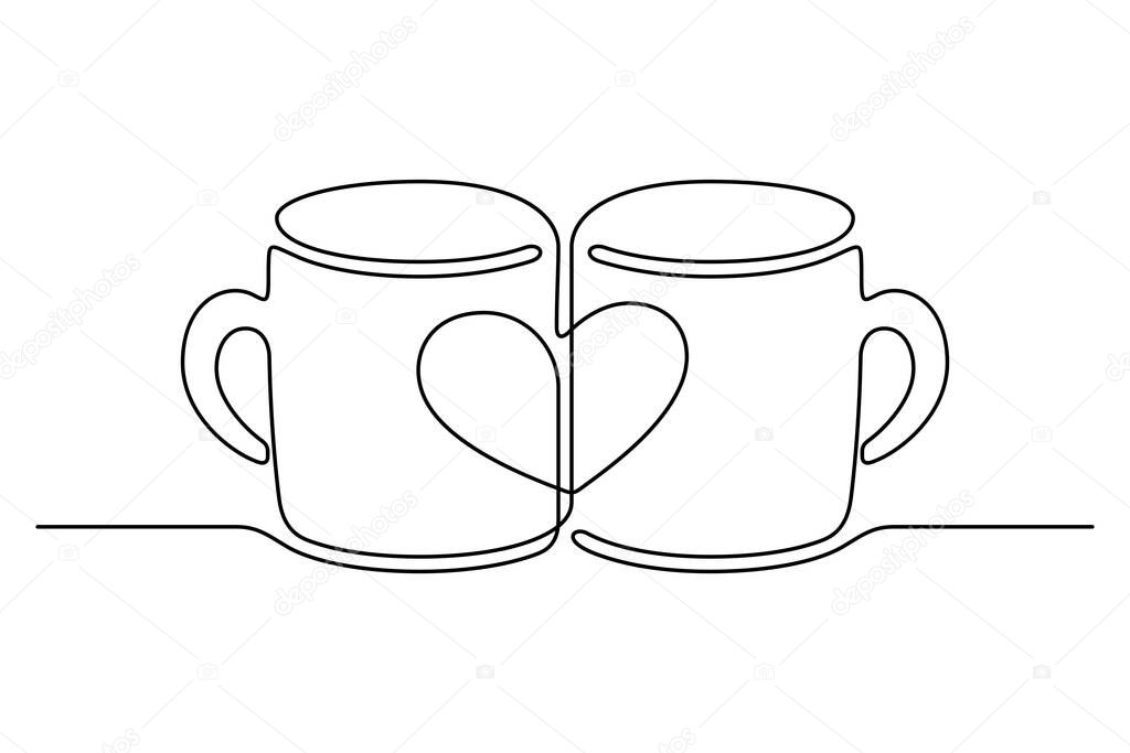 Continuous line drawing. Two cups with images of hearts. Black isolated on white background. Hand drawn vector illustration. 