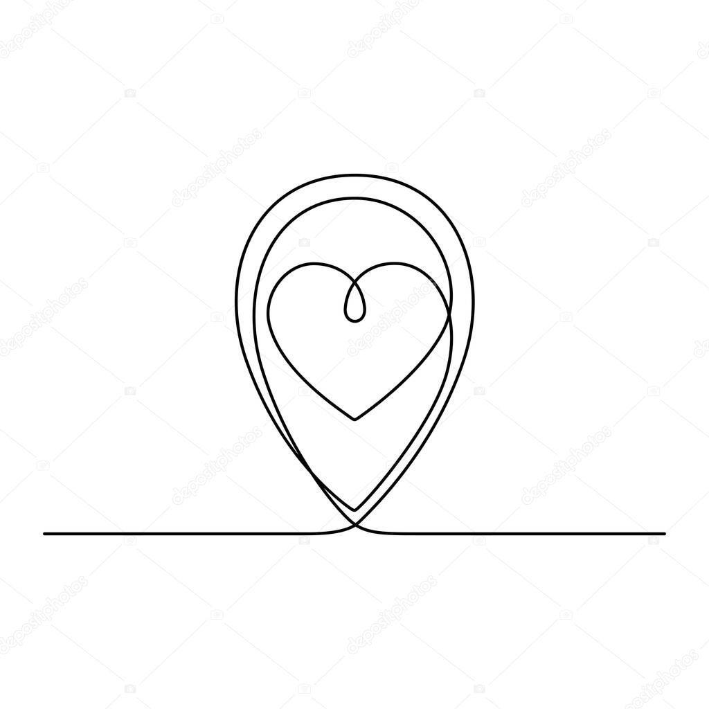 Continuous line drawing. Map pin with heart icon. Black isolated on white background. Hand drawn vector illustration. 
