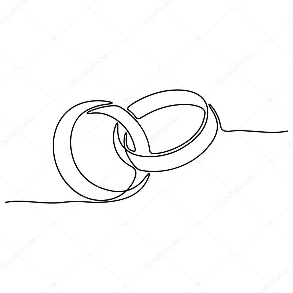 Continuous line drawing. Wedding rings. Template for love cards and invitations. Black isolated on white background. Hand drawn vector illustration. 