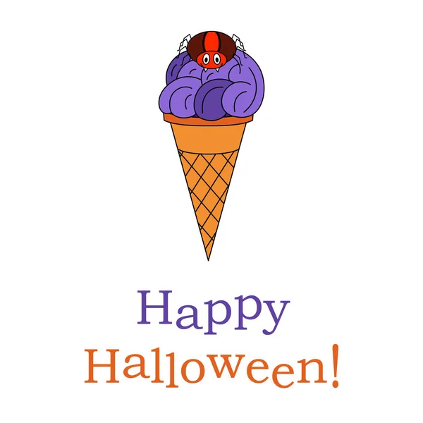 面白い笑顔のクモがアイスクリームの上に座っています 漫画の赤いクモとハロウィーンの概念 ハッピーハロウィンテキスト フラットベクトルイラスト ハロウィンカードのデザイン 招待状 — ストックベクタ