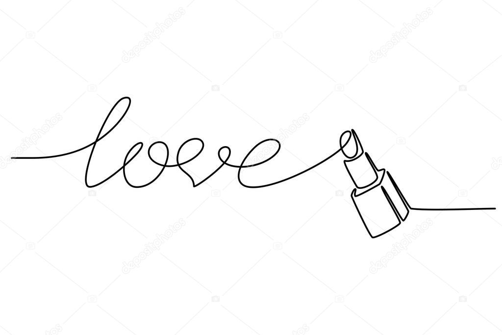 Continuous line drawing. Love is written by lipstick. Black isolated on white background. Hand drawn vector illustration. 