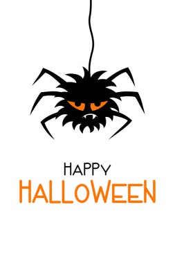 Mutlu Cadılar Bayramı karikatürü tebrik kartı. Örümcek ağında asılı turuncu gözlü korkunç örümcek. Beyaz arka planda izole edilmiş siyah ürkütücü örümcek silueti. Düz stil karakter. Cadılar Bayramı partisi davetiyesi, poster, broşür, kartpostal için vektör şablonu.
