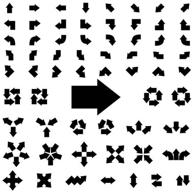 Büyük ok setleri. Beyaz arka planda siyah izole edilmiş. Vektör illüstrasyonu.