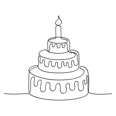 Devamlı çizgi çizimi. Doğum günü pastasına mum katılmış. Kutlamanın sembolü. Beyaz arka planda siyah izole edilmiş. El çizimi vektör illüstrasyonu. 