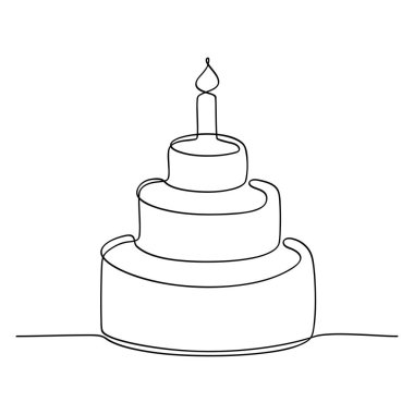 Devamlı çizgi çizimi. Doğum günü pastasına mum katılmış. Kutlamanın sembolü. Beyaz arka planda siyah izole edilmiş. El çizimi vektör illüstrasyonu. 