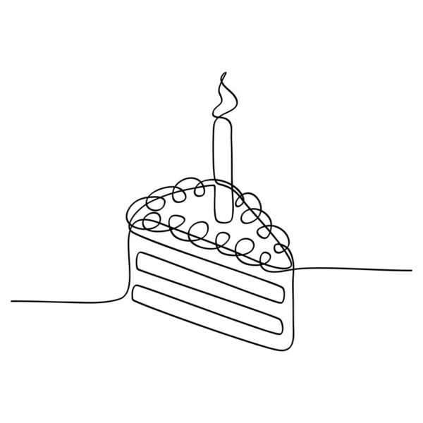 Dibujo Continuo Línea Pedazo Pastel Cumpleaños Con Vela Símbolo Celebración — Vector de stock