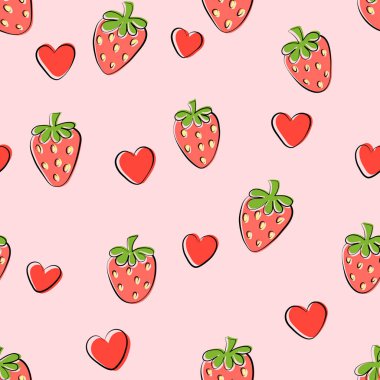 Kalpli ve çilekli hoş, pürüzsüz desen. Vektör İllüstrasyonu.