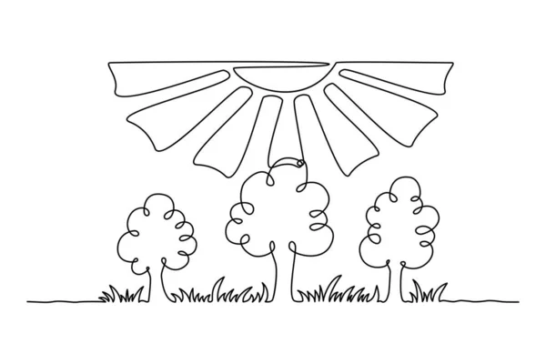 Desenho Linha Contínua Natureza Sol Árvores Preto Isolado Sobre Fundo — Vetor de Stock