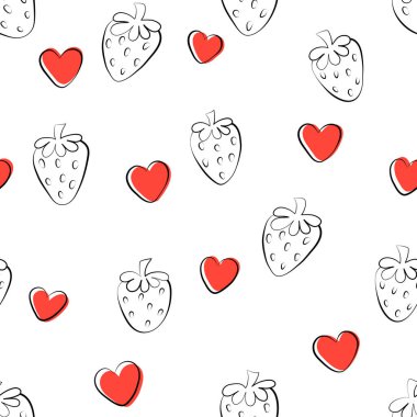 Kalpli ve çilekli hoş, pürüzsüz desen. Vektör İllüstrasyonu.