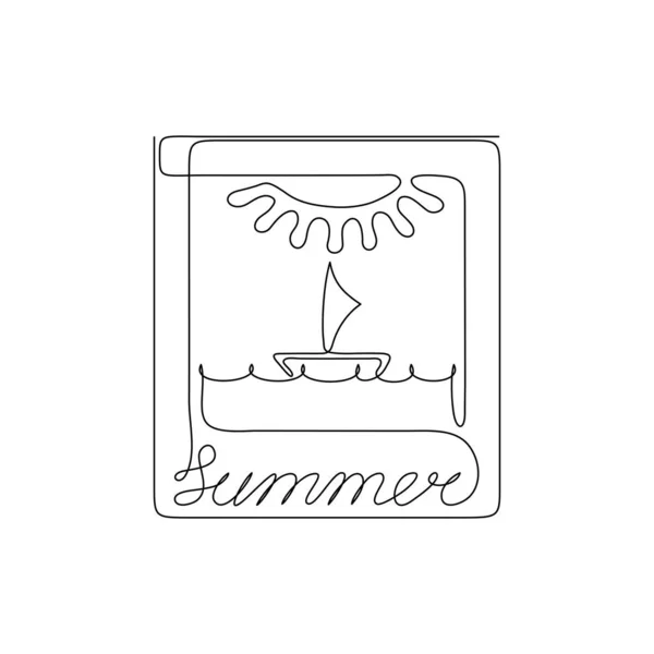 Малюнок Безперервної Лінії Літній Знімок Корабель Море Сонце Чорні Ізольовані — стоковий вектор