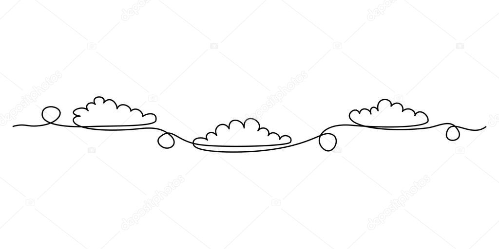 Continuous line drawing. Clouds. Black isolated on white background. Hand drawn vector illustration. 