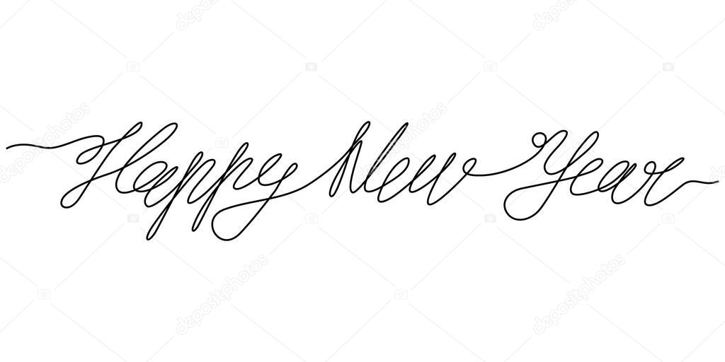 Continuous line drawing. Lettering. Happy New Year. Black isolated on white background. Hand drawn vector illustration. 