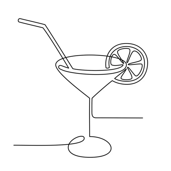 Kontinuierliche Linienzeichnung Weinglas Mit Cocktail Und Zitrone Vereinzelt Auf Weißem — Stockvektor