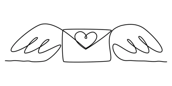 Devamlı Çizgi Çizimi Kalpli Kanatlı Bir Aşk Mektubu Sevgililer Günü — Stok Vektör