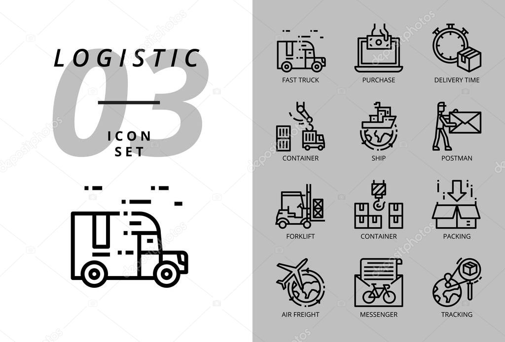 Icon pack for logistics , fast truck, purchase, delivery time, forklift, container, packing, container, ship, postman, airfreight, bike messenger, tracking.