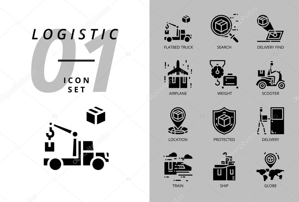 Icon pack for logistics , flatbed truck, search product, delivery find, airplane, weight, scooter, location, protected, delivery, train, ship, globe location.