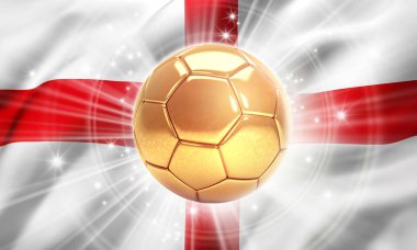 İngiltere'nin bir bayrak üzerinde yıldız ile aydınlatılmış altın futbol topu. Dünya şampiyonu. 3D çizim