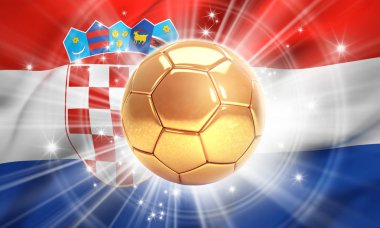 Hırvatistan bayrağı üzerinde yıldız ile aydınlatılmış altın futbol topu. Dünya şampiyonu. 3D çizim
