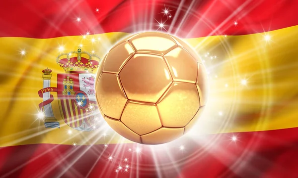 Altın Futbol Topu Spanya Bayrağı Üzerinde Yıldız Ile Aydınlatılmış Dünya — Stok fotoğraf