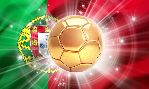 Pallone Calcio Oro Illuminato Con Stelle Una Bandiera Del Portogallo — Foto Stock