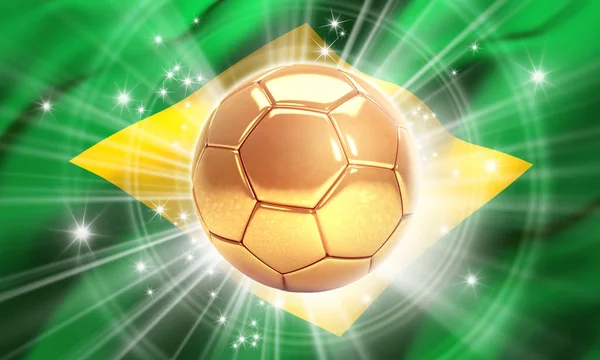 Pallone Calcio Oro Illuminato Con Stelle Una Bandiera Del Brasile — Foto Stock