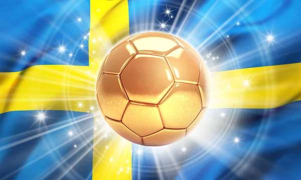 Pallone Calcio Oro Illuminato Con Stelle Una Bandiera Della Svezia — Foto Stock