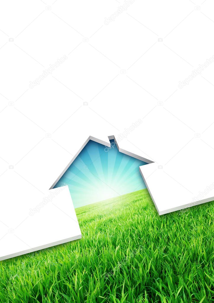 Cutting of a blank sheet, house shaped above a green environmental background