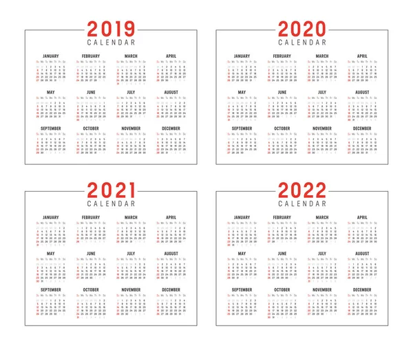 Набір Мінімалістичних Календарів Років 2019 2022 Тижні Починаються Неділя Білому — стоковий вектор