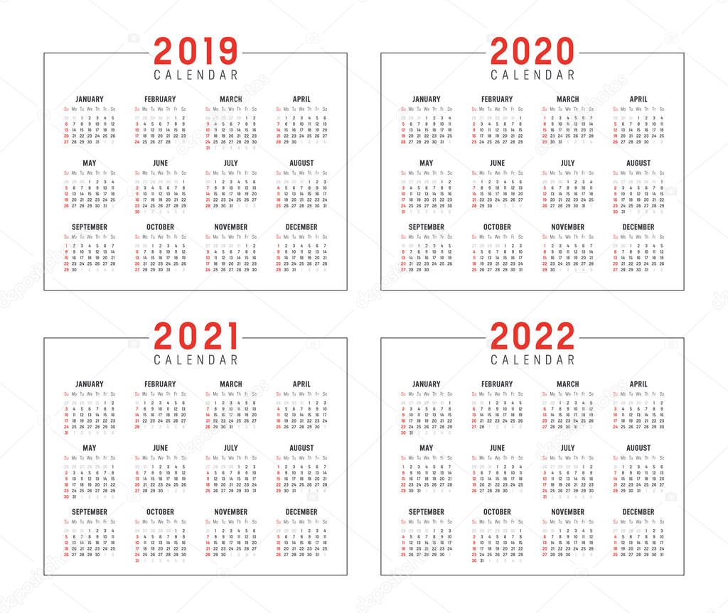 Set of minimalist calendars, years 2019 2020 2021 2022, weeks start Sunday, on white background - Vector templates.