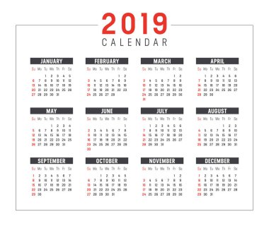 Yıl 2019 minimalist siyah ve kırmızı takvim, beyaz arka plan üzerinde.