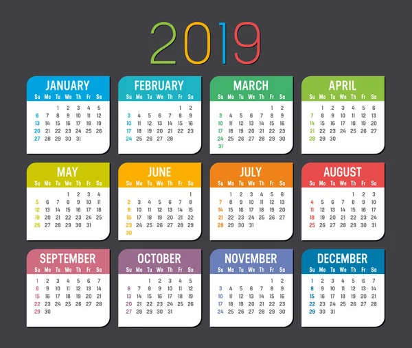Kalendarz Kolorowy Rok 2019 Białym Tle Ciemnym Tle — Wektor stockowy