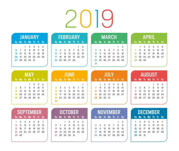 Kalendarz Kolorowy Rok 2019 Białym Tle Białym Tle — Wektor stockowy