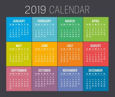 Siyah bir arka plan üzerinde izole renkli yıl 2019 takvim