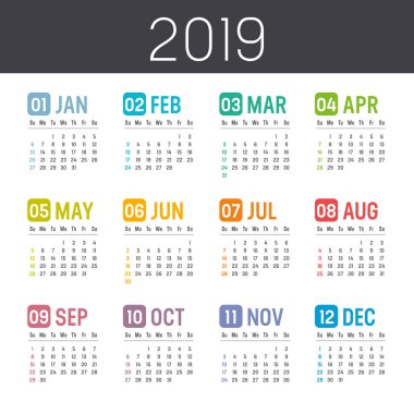 Beyaz bir arka plan üzerinde izole renkli yıl 2019 takvim