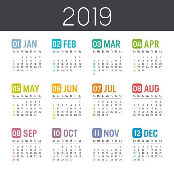 Beyaz bir arka plan üzerinde izole renkli yıl 2019 takvim