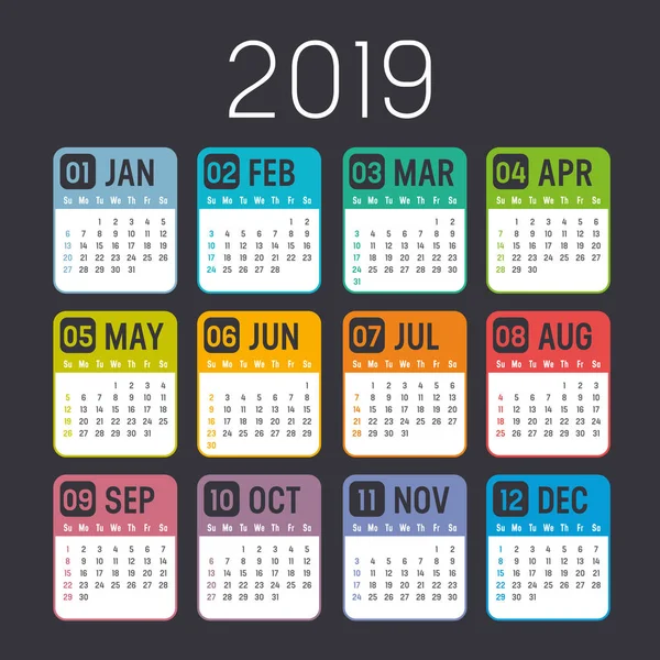 黒の背景に分離されたカラフルな 2019 年カレンダー — ストックベクタ