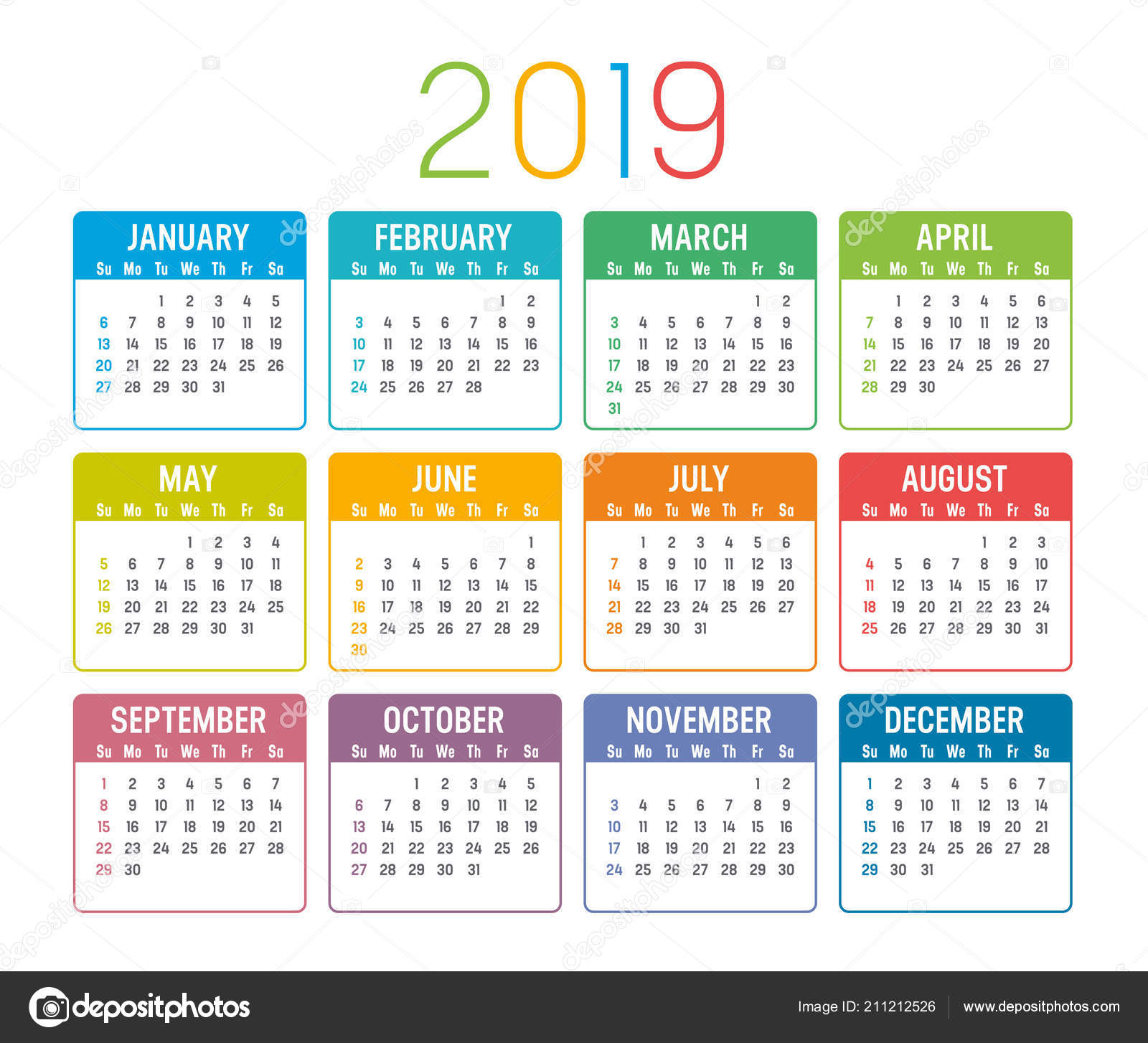 Colorful Year 2019 Calendar Isolated White Background ... Colorful Year 2019 Calendar Isolated White Background ...