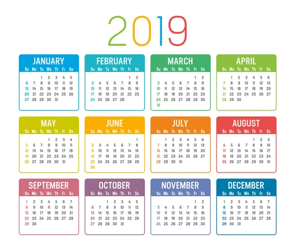 Barevný Rok 2019 Kalendář Izolovaných Bílém Pozadí — Stockový vektor