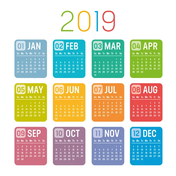Buntes Jahr 2019 Kalender Isoliert Auf Weißem Hintergrund — Stockvektor