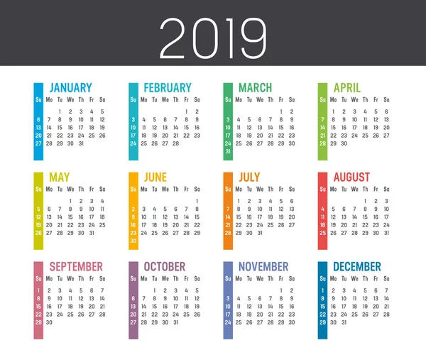 白い背景に分離されたカラフルな 2019 年カレンダー — ストックベクタ